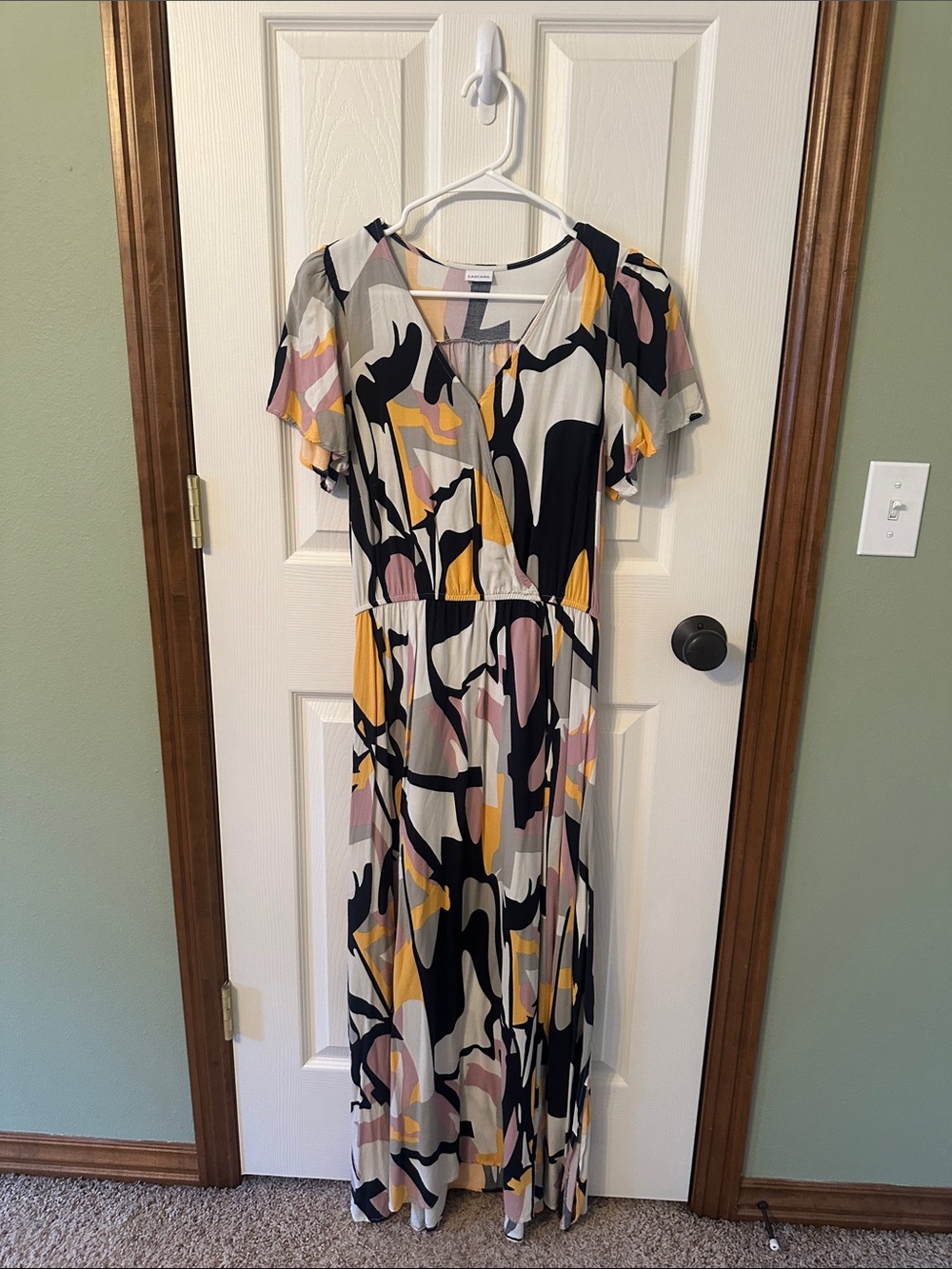 Abstract Print Maxi Dress in Black, Mustard & Pink